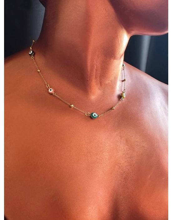 Nazar Boncuklu Choker Gold Çelik Kolye -Sevgili Takı Koleksiyonu