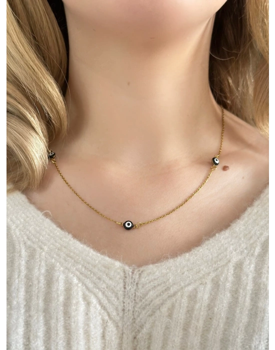 Nazar Boncuklu Gold Çelik Kolye -777 Serisi