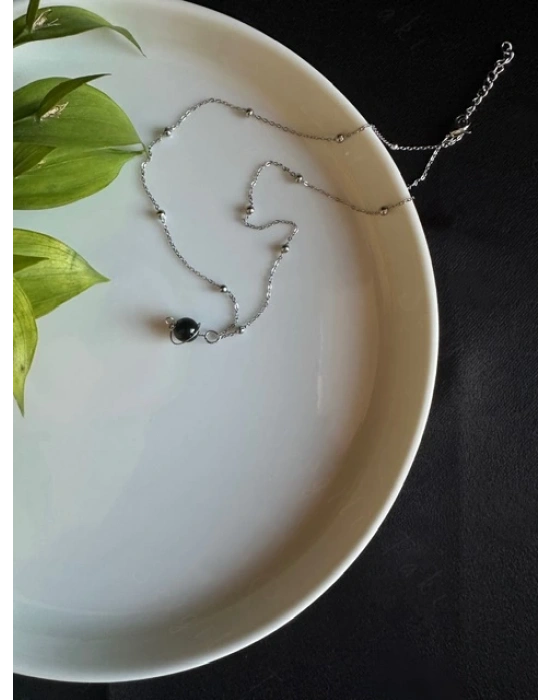 Obsidyen Doğal Taşlı Çelik Kolye -Gezegen Serisi