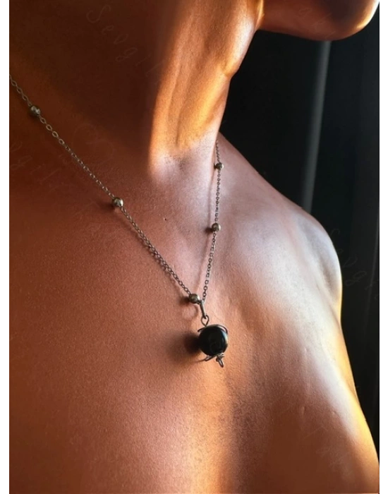 Obsidyen Doğal Taşlı Çelik Kolye -Gezegen Serisi