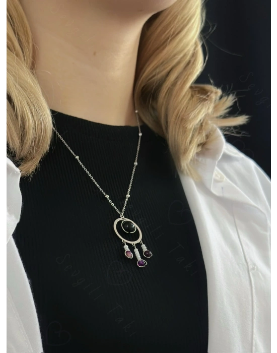 Obsidyen ve Akik Doğal Taşlı Çelik Kolye | Muhafız Serisi