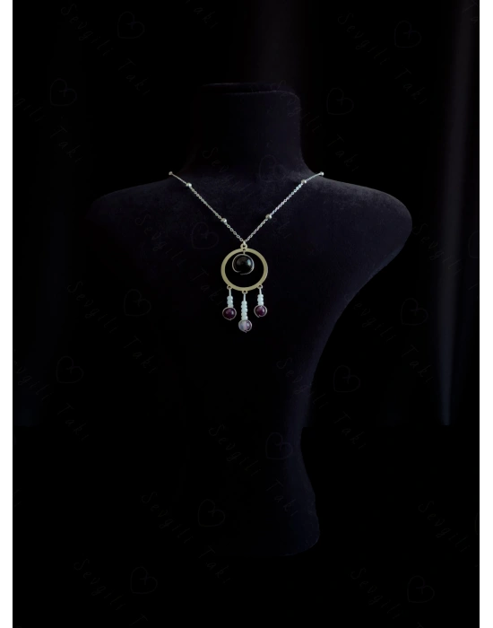 Obsidyen ve Akik Doğal Taşlı Çelik Kolye | Muhafız Serisi