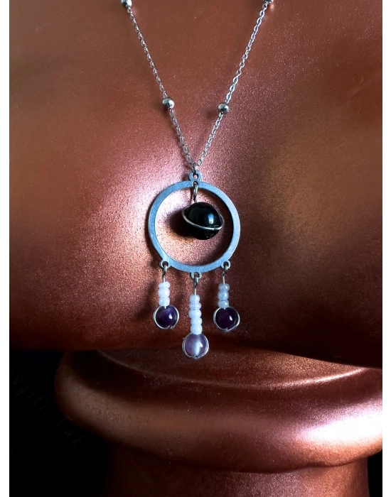 Obsidyen ve Akik Doğal Taşlı Çelik Kolye | Muhafız Serisi