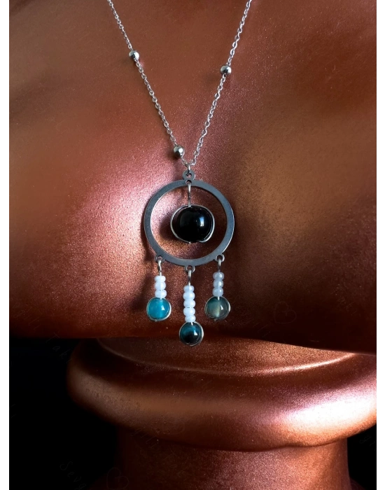 Obsidyen ve Akik Doğal Taşlı Çelik Kolye | Sonbahar Serisi