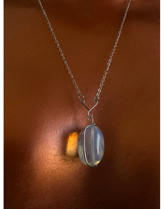 Opal Doğal Taşlı Çelik Kolye | Spiritüel Serisi