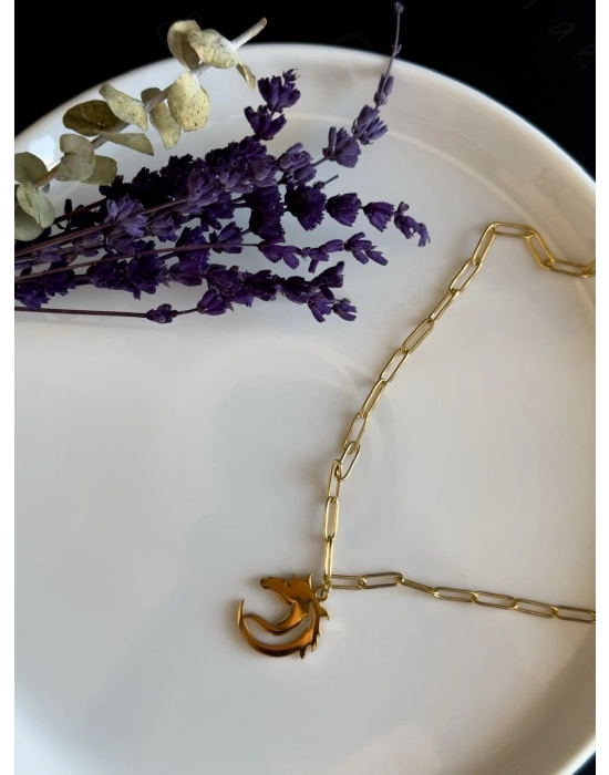 Paperclip(Ataş) Model Zincir At Charmlı Gold Çelik Kolye | Ata Serisi