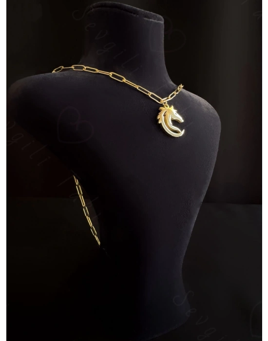 Paperclip(Ataş) Model Zincir At Charmlı Gold Çelik Kolye | Ata Serisi