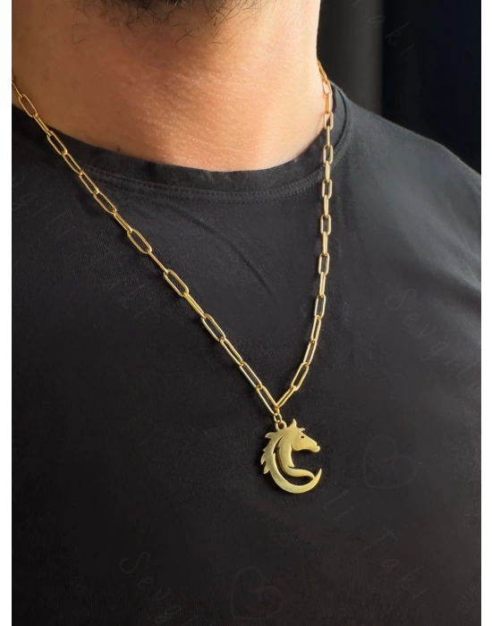 Paperclip(Ataş) Model Zincir At Charmlı Gold Çelik Kolye | Ata Serisi