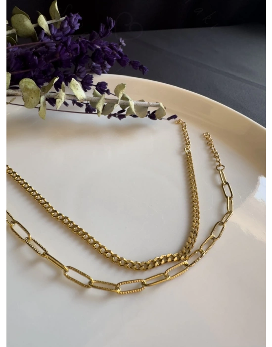 Paperclip -Gurmet Model İki Zincirli Gold Çelik Bileklik | Sevgili Takı Koleksiyonu