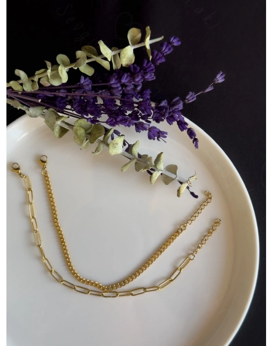 Paperclip -Gurmet Model İki Zincirli Gold Çelik Bileklik | Sevgili Takı Koleksiyonu