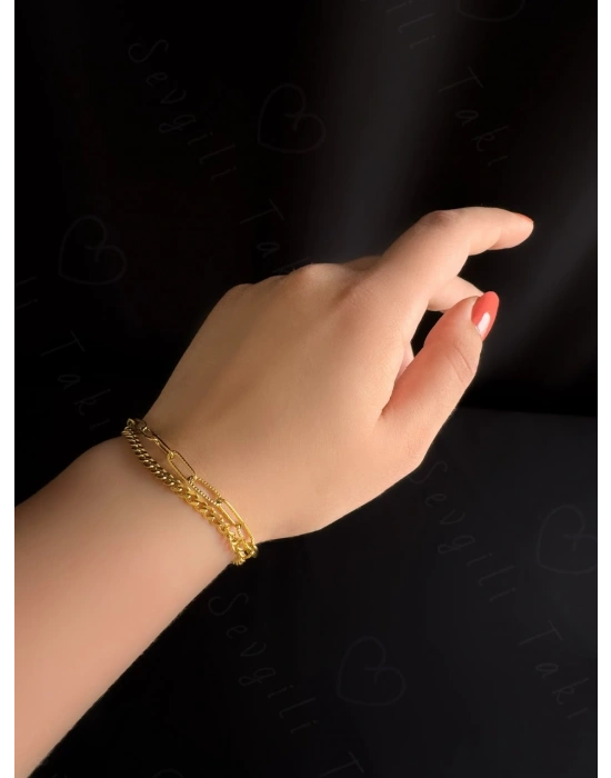 Paperclip -Gurmet Model İki Zincirli Gold Çelik Bileklik | Sevgili Takı Koleksiyonu