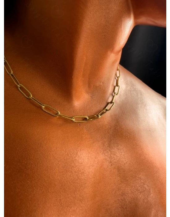 Paperclip Kabartma Choker Gold Çelik Zincir Kolye | Choker Serisi