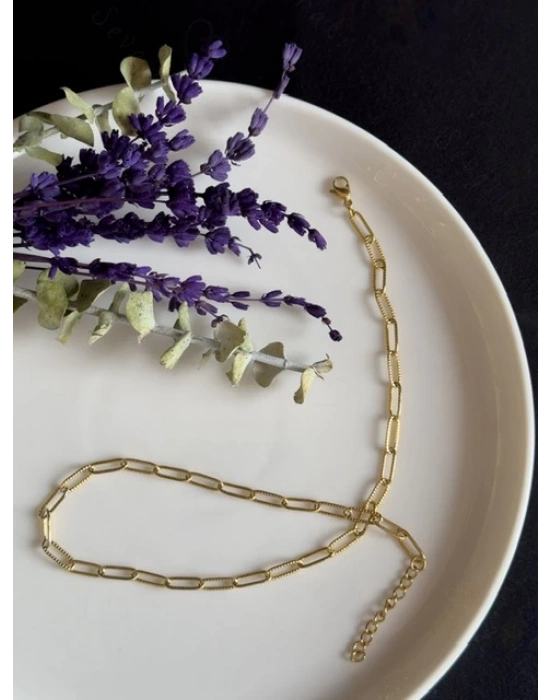 Paperclip Kabartma Choker Gold Çelik Zincir Kolye | Choker Serisi