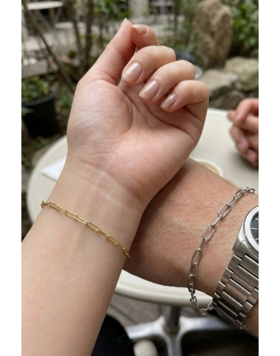Paperclip Model Gold-Silver Çelik Çift Bileklik Seti | Love Serisi