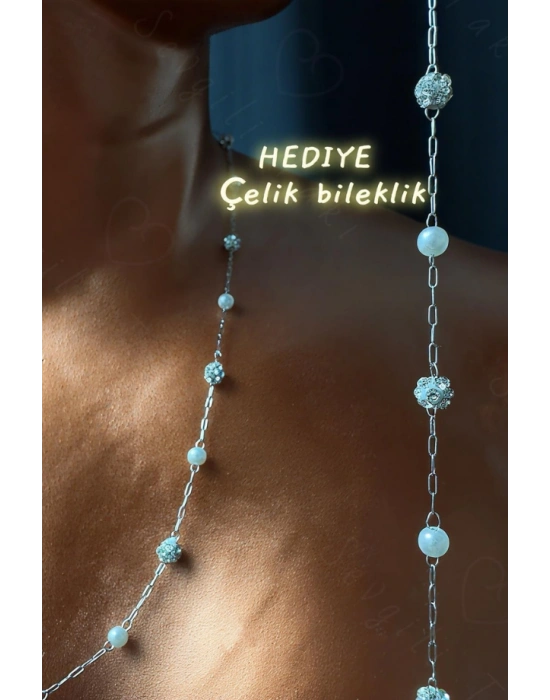 Parlak Taşlı Tasarım Silver Çelik Zincir Kolye (Bileklik Hediyeli) | Glorious Serisi