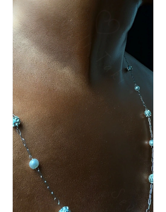 Parlak Taşlı Tasarım Silver Çelik Zincir Kolye (Bileklik Hediyeli) | Glorious Serisi