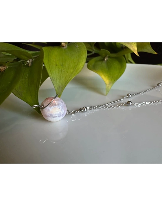 Pembe Akik Doğal Taşlı Çelik Kolye -Gezegen Serisi