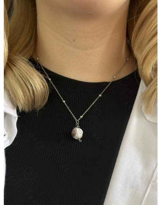 Pembe Akik Doğal Taşlı Çelik Kolye -Gezegen Serisi