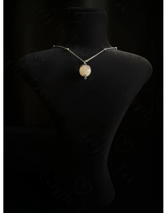 Pembe Akik Doğal Taşlı Çelik Kolye -Gezegen Serisi