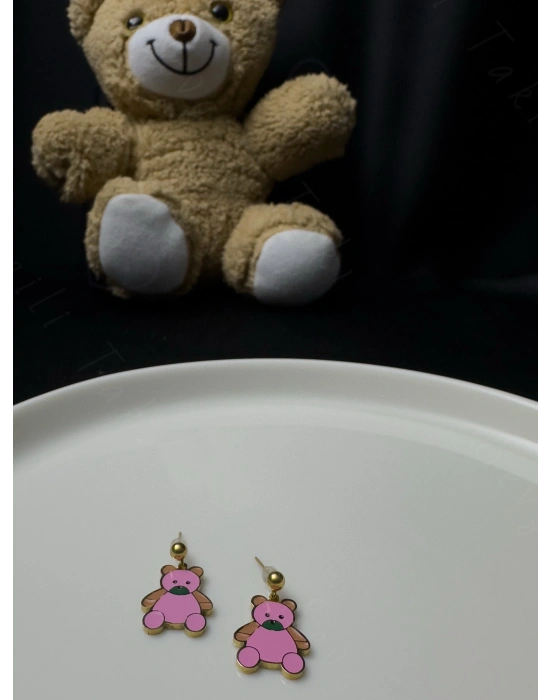 Pembe Ayıcıklı Çocuk Çelik Küpe -Pofuduk Serisi