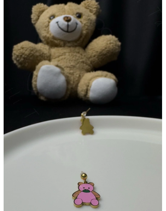 Pembe Ayıcıklı Çocuk Çelik Küpe -Pofuduk Serisi