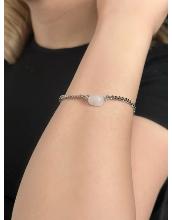 Pembe Kuvars Doğal Taşlı Çelik Bileklik | Sonbahar Serisi