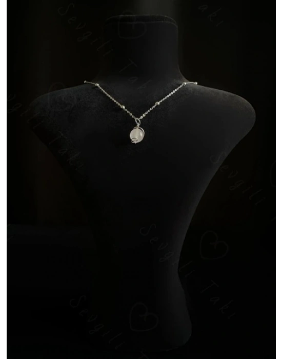 Pembe Kuvars Doğal Taşlı Çelik Kolye -Gezegen Serisi