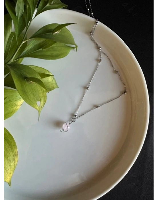 Pembe Kuvars Doğal Taşlı Çelik Kolye -Gezegen Serisi