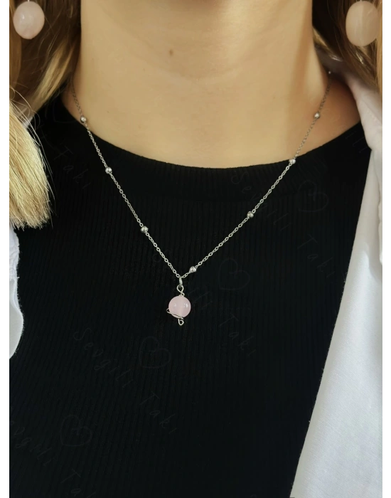 Pembe Kuvars Doğal Taşlı Çelik Kolye -Gezegen Serisi