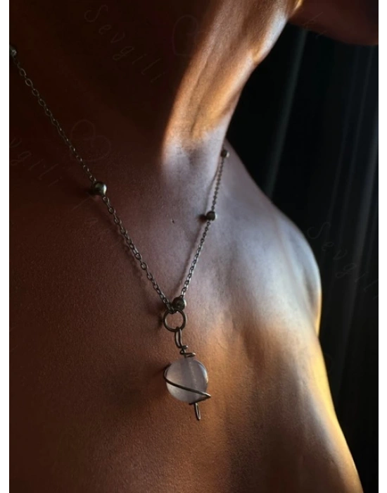 Pembe Kuvars Doğal Taşlı Çelik Kolye -Gezegen Serisi