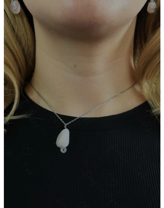 Pembe Kuvars Doğal Taşlı Çelik Kolye | Sonbahar Serisi