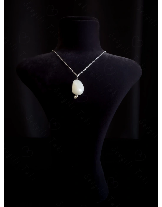 Pembe Kuvars Doğal Taşlı Çelik Kolye | Sonbahar Serisi