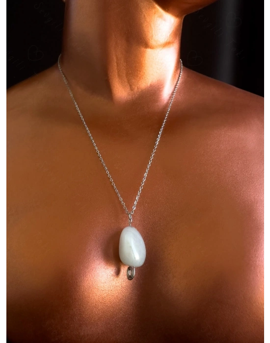 Pembe Kuvars Doğal Taşlı Çelik Kolye | Sonbahar Serisi