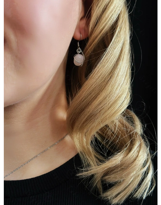 Pembe Kuvars Doğal Taşlı Çelik Küpe -Sonbahar Serisi