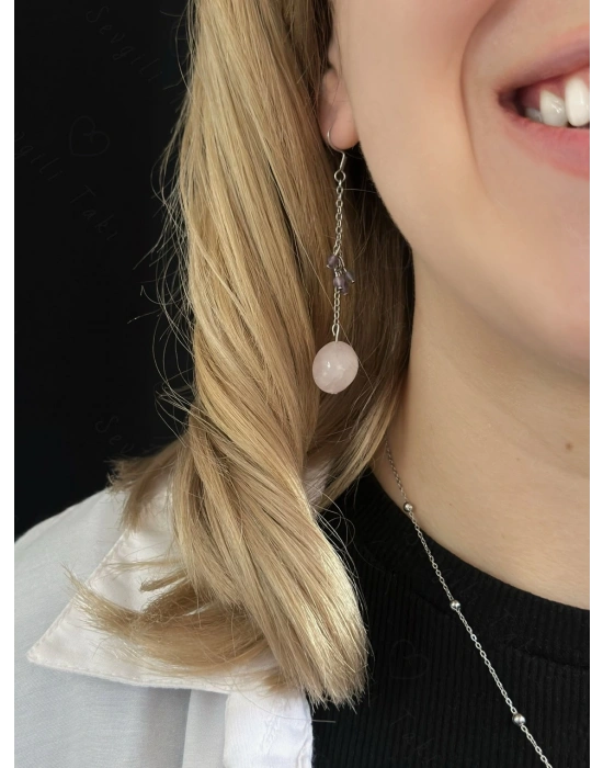 Pembe Kuvars ve Ametist Doğal Taşlı Çelik Küpe -Sevgili Takı Koleksiyonu