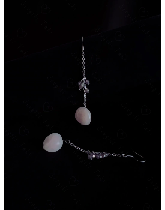 Pembe Kuvars ve Ametist Doğal Taşlı Çelik Küpe -Sevgili Takı Koleksiyonu