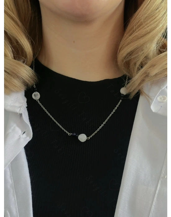 Pembe Kuvars ve Yıldız Doğal Taşlı Çelik Kolye | Sevgili Takı Koleksiyonu