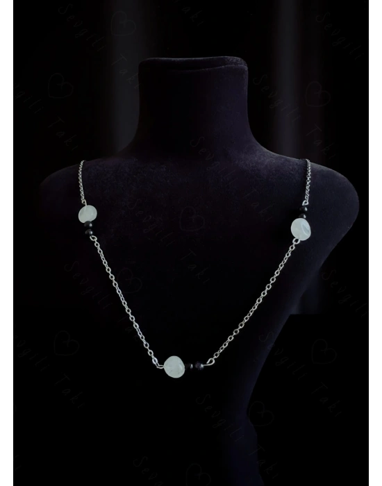 Pembe Kuvars ve Yıldız Doğal Taşlı Çelik Kolye | Sevgili Takı Koleksiyonu