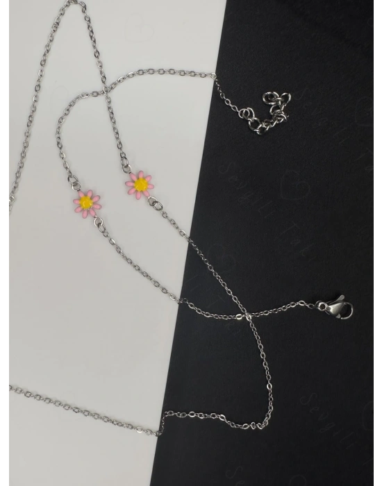 Pembe Papatya Charmlı Çelik Kolye ve Bileklik Takımı | Karma Serisi