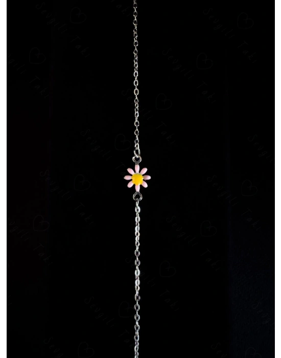 Pembe Papatya Charmlı Çelik Kolye ve Bileklik Takımı | Karma Serisi