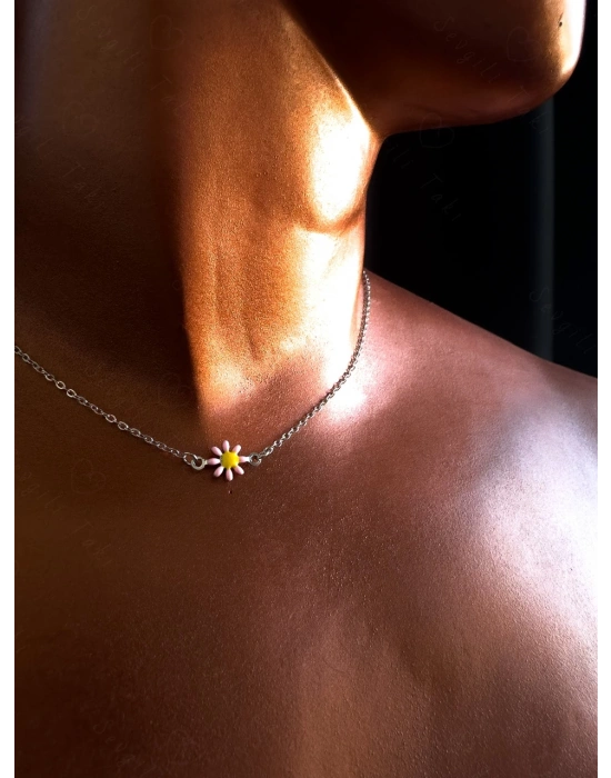 Pembe Papatya Charmlı Çelik Kolye ve Bileklik Takımı | Karma Serisi