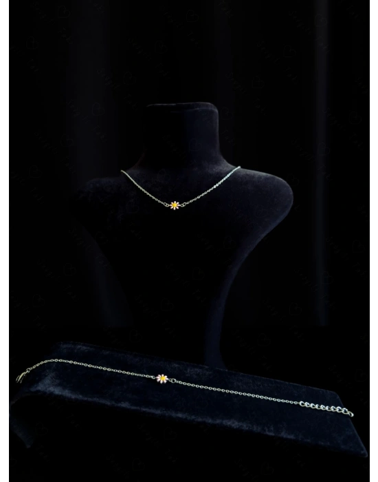 Pembe Papatya Charmlı Çelik Kolye ve Bileklik Takımı | Karma Serisi