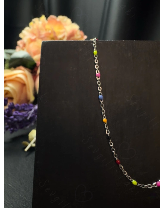 Rengarenk Mineli Silver Çelik Halhal | Gökkuşağı Serisi