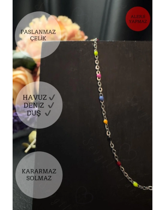 Rengarenk Mineli Silver Çelik Halhal | Gökkuşağı Serisi
