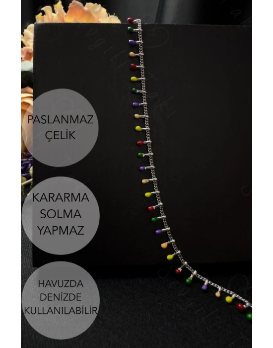 Rengarenk Sıralı Sallantılı Çelik Halhal | Gökkuşağı Serisi