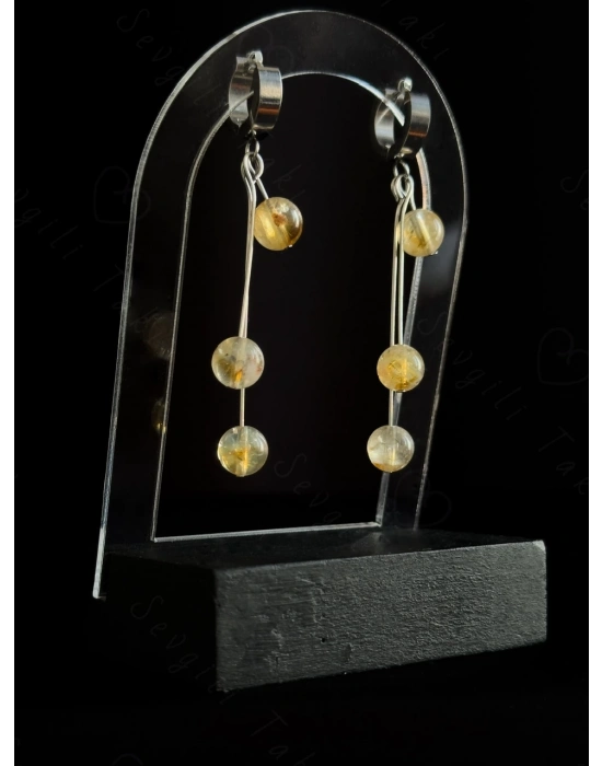 Sitrin Doğal Taşlı Çelik Küpe - Love Serisi