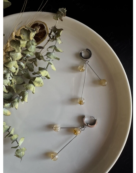 Sitrin Doğal Taşlı Çelik Küpe - Love Serisi