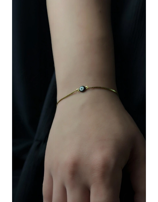 Siyah Nazarlıklı Ayarlanabilir Gold Çelik Bileklik -Sevgili Takı Koleksiyonu