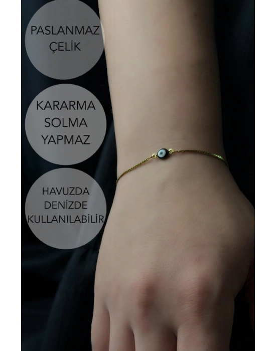 Siyah Nazarlıklı Ayarlanabilir Gold Çelik Bileklik -Sevgili Takı Koleksiyonu