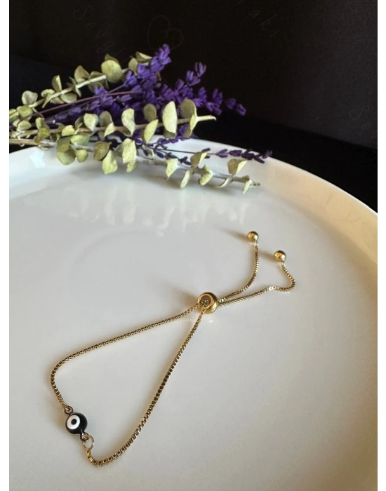 Siyah Nazarlıklı Ayarlanabilir Gold Çelik Bileklik -Sevgili Takı Koleksiyonu